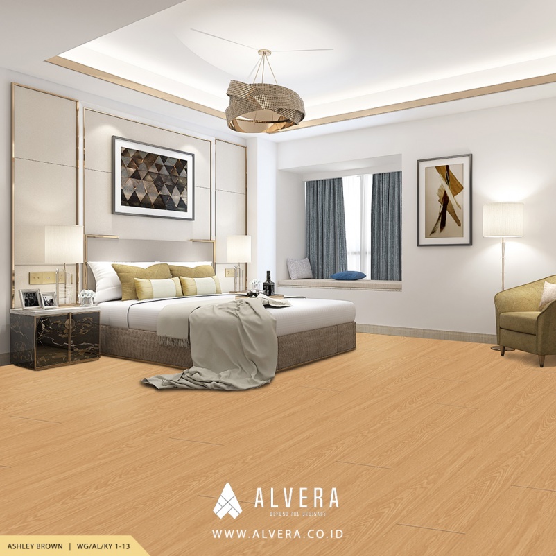 alvera ashley brown lantai vinyl motif kayu terang pada kamar tidur