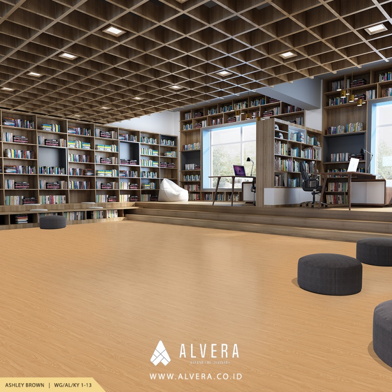 alvera ashley brown lantai vinyl motif kayu terang pada perpustakaan