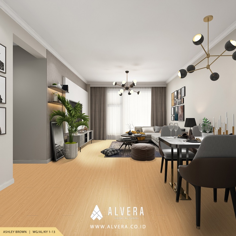 alvera ashley brown lantai vinyl motif kayu terang pada ruang keluarga