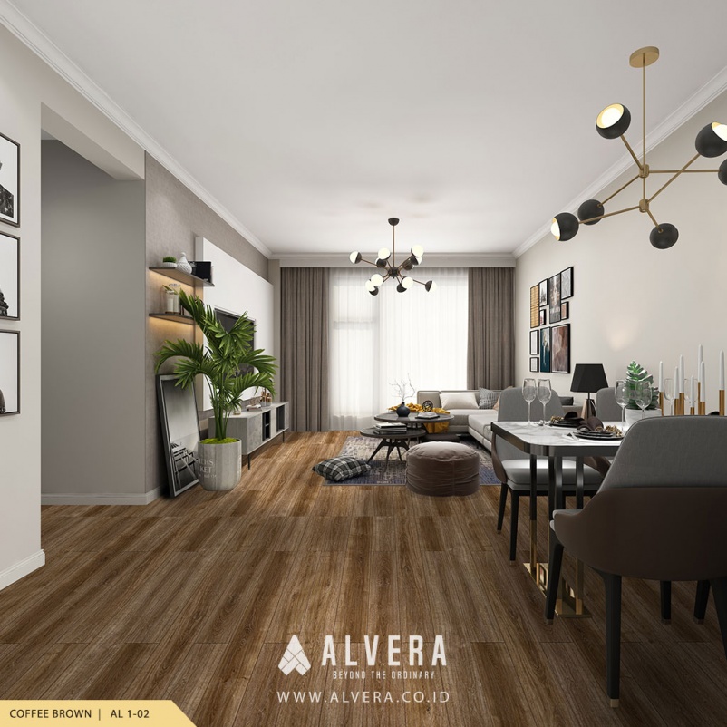 alvera coffee brown lantai vinyl motif kayu cokelat pada ruang keluarga