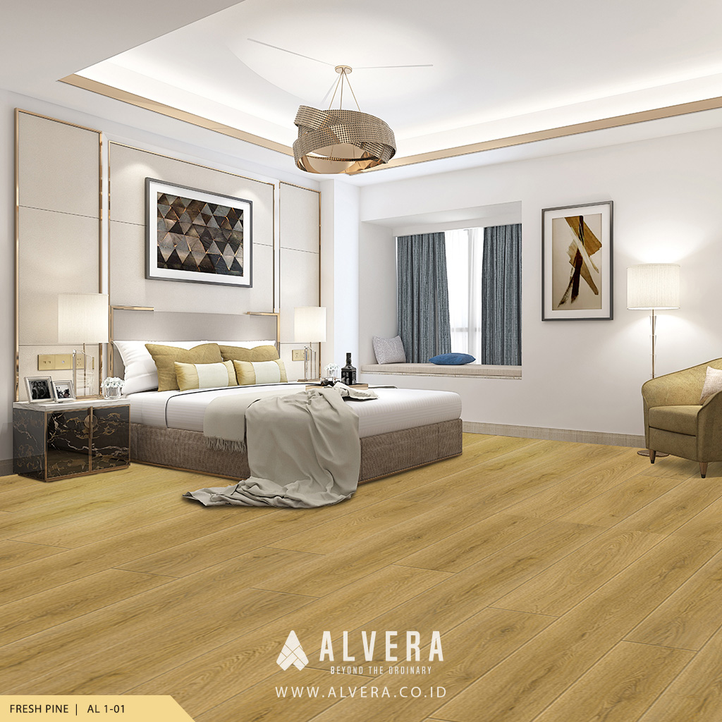 alvera fresh pine lantai vinyl motif kayu terang pada kamar tidur