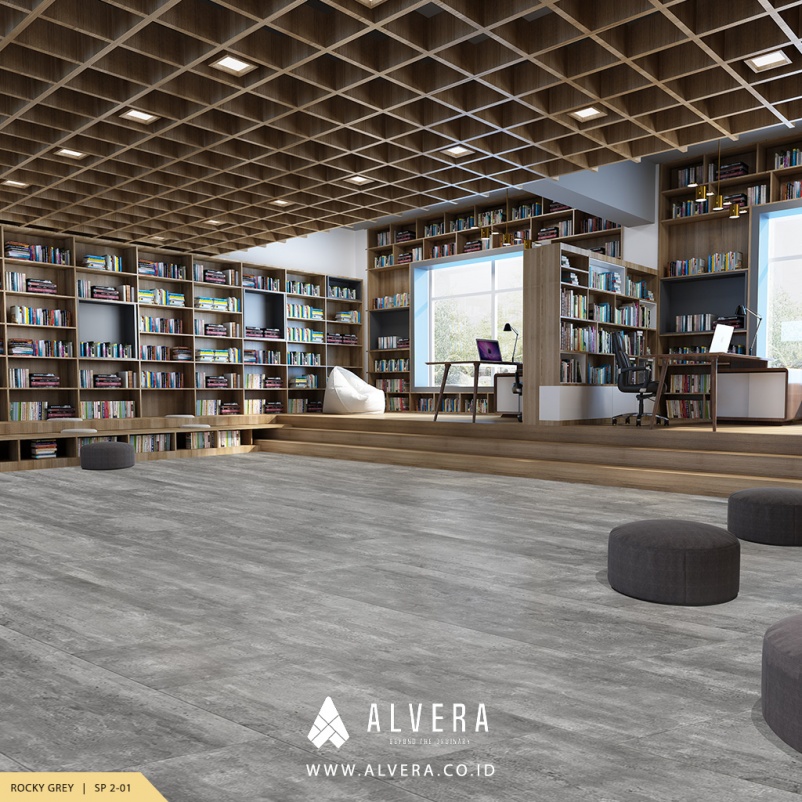 alvera lantai spc rocky grey pada perpustakaan