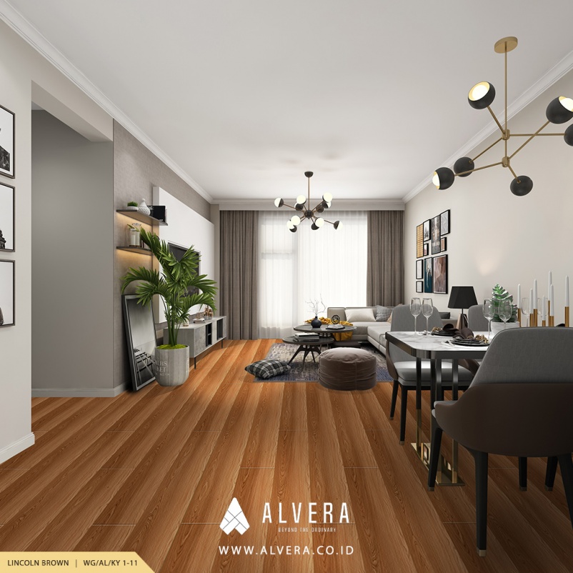 alvera lincoln brown lantai vinyl motif kayu natural pada ruang keluarga
