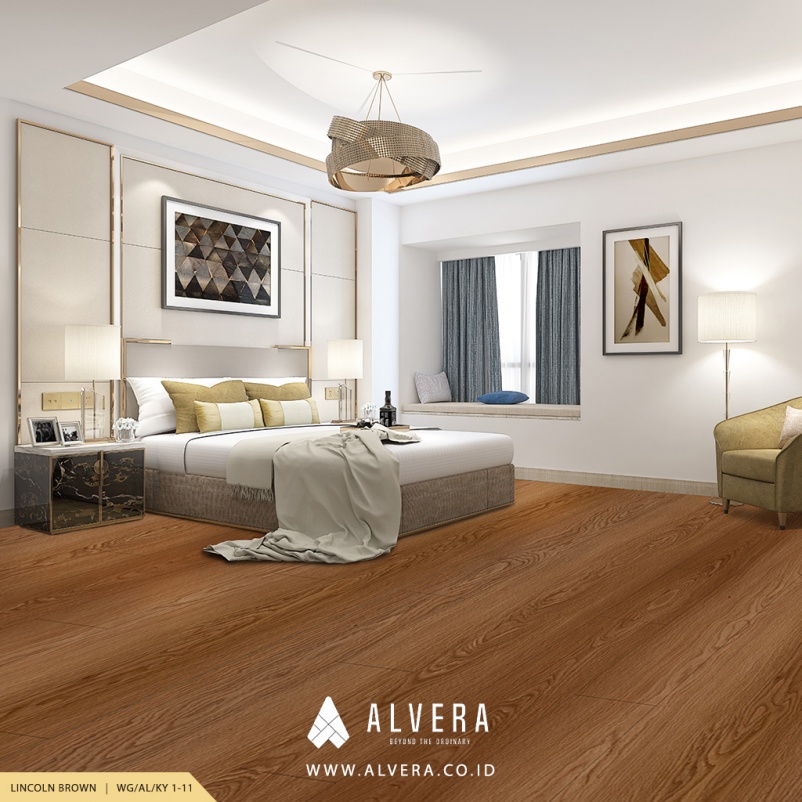 alvera lincoln brown lantai vinyl motif kayu natural pada kamar tidur
