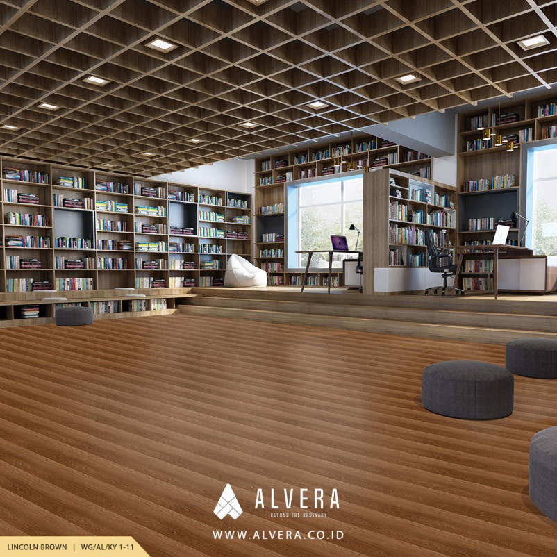 alvera lincoln brown lantai vinyl motif kayu natural pada ruang perpustakaan