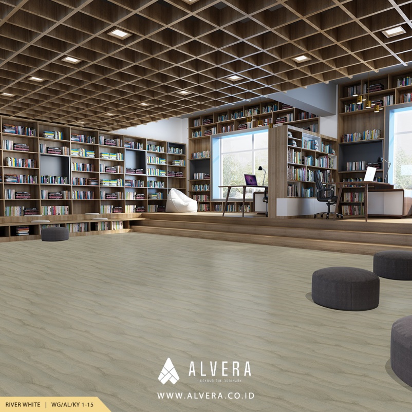 alvera river white lantai vinyl warna putih abu untuk perpustakaan