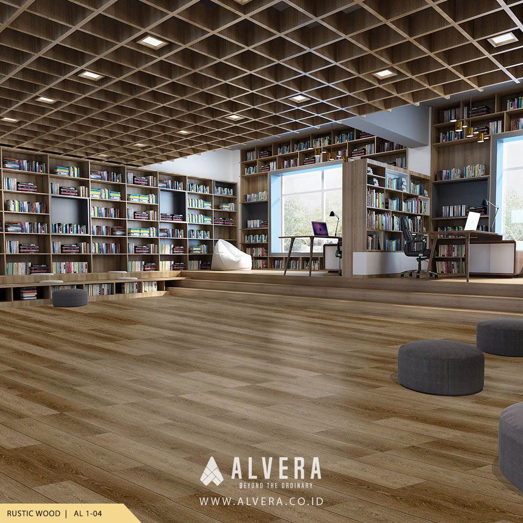 alvera rustic wood lantai vinyl kayu untuk perpustakaan