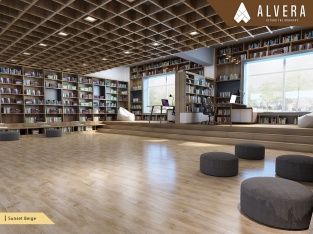 alvera sunset beige lantai vinyl motif kayu pada perpustakaan