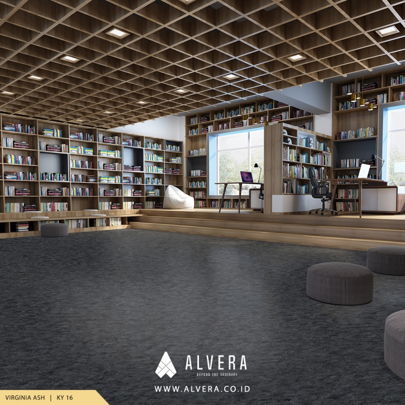 alvera virginia ash lantai vinyl warna hitam motif keramik marmer untuk perpustakaan