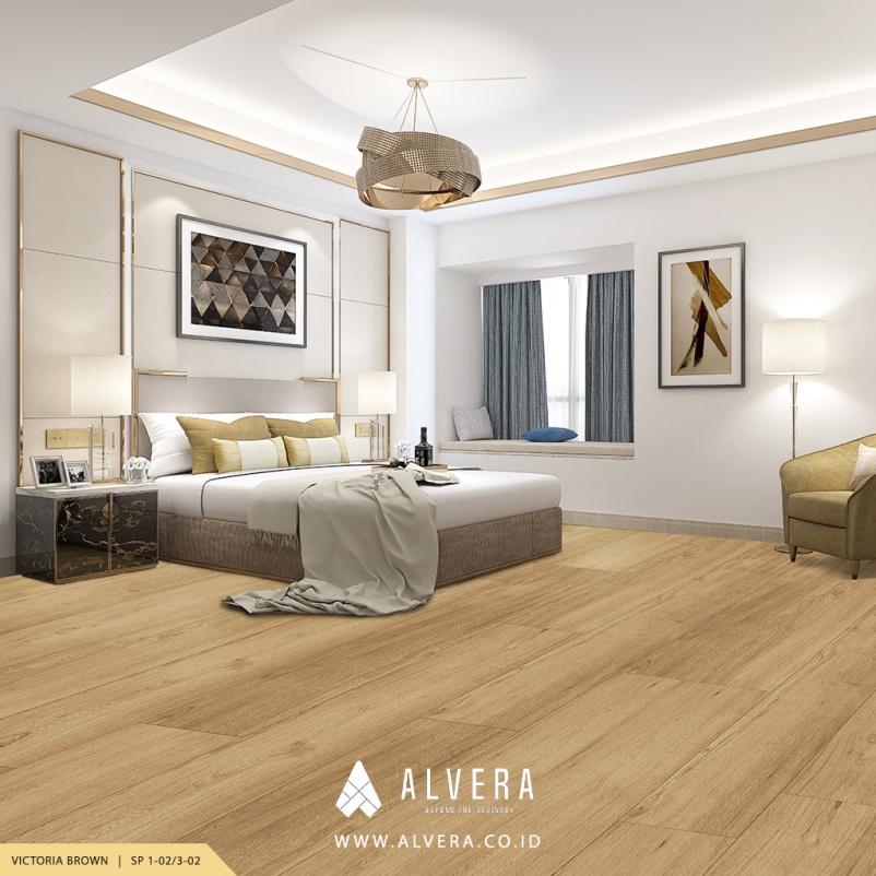 lantai spc motif kayu alvera victoria brown pada kamar tidur