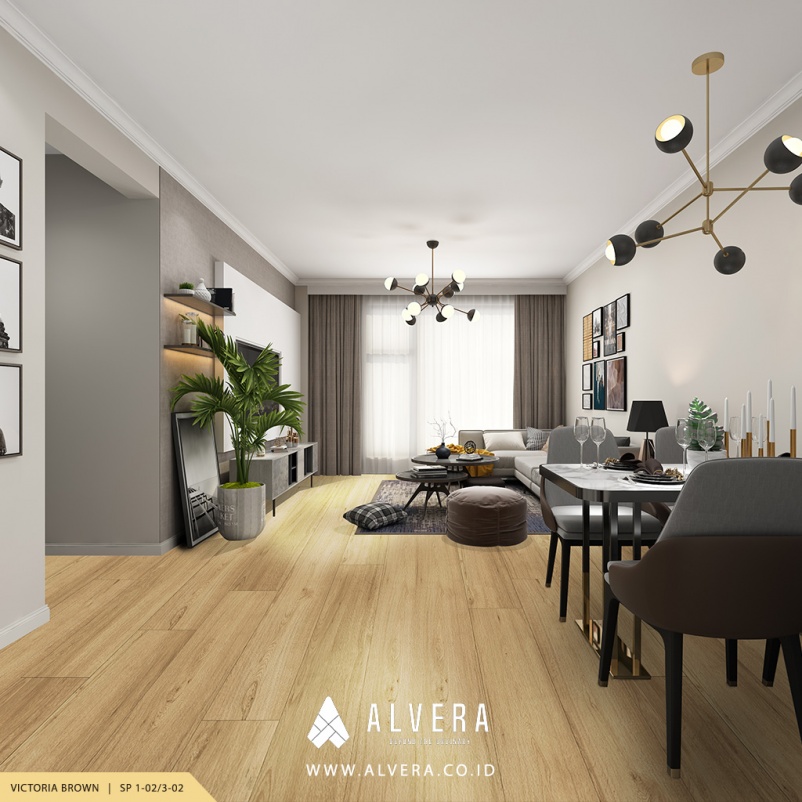 lantai spc motif kayu alvera victoria brown pada ruang keluarga